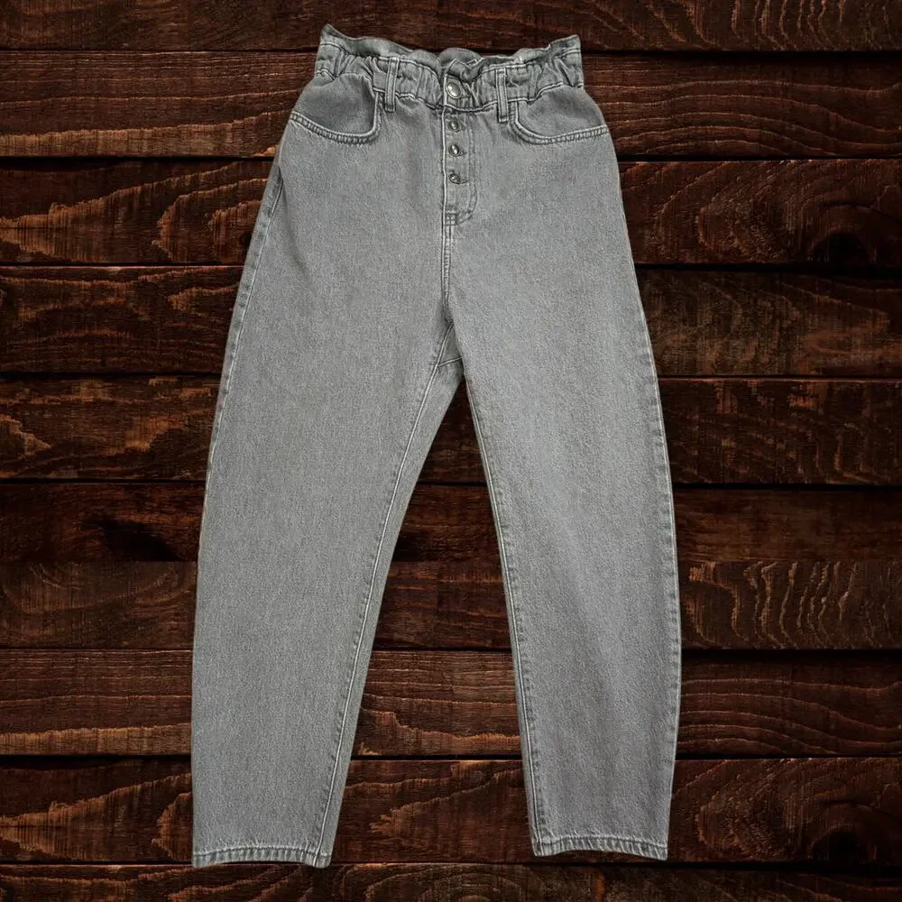 Zara Gray High-Waisted Paperbag Barrel Denim Jeans Button Fly Size 6
